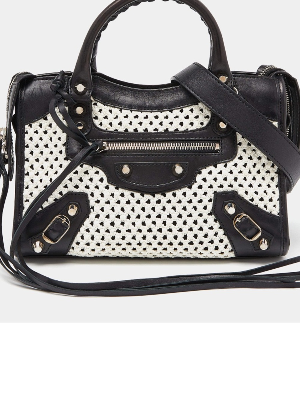 Balenciaga Black/White Leather and Raffia Mini Motorcycle City Bag